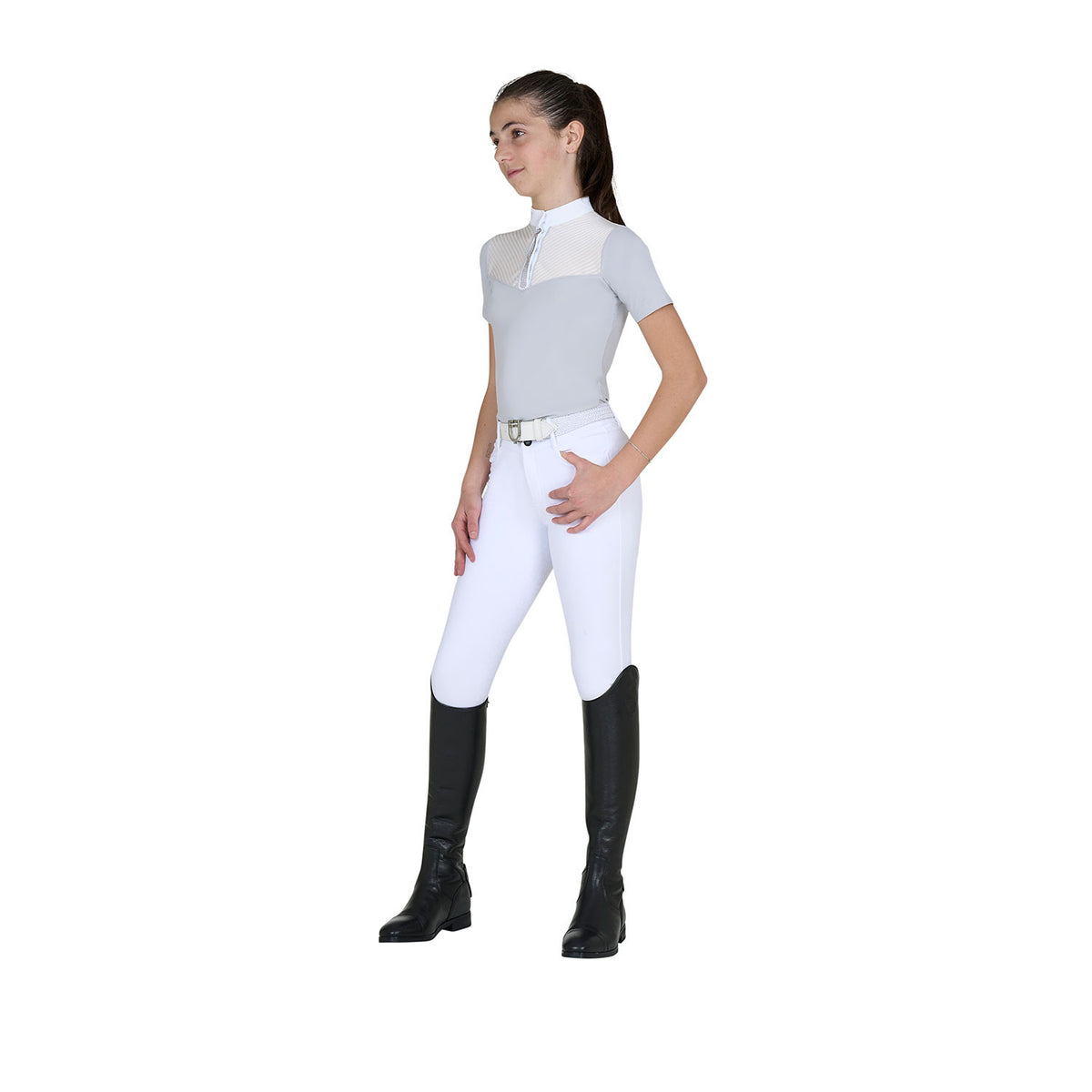 Equestro Girls' slim fit competition polo shirt with silk-like fabric inserts
