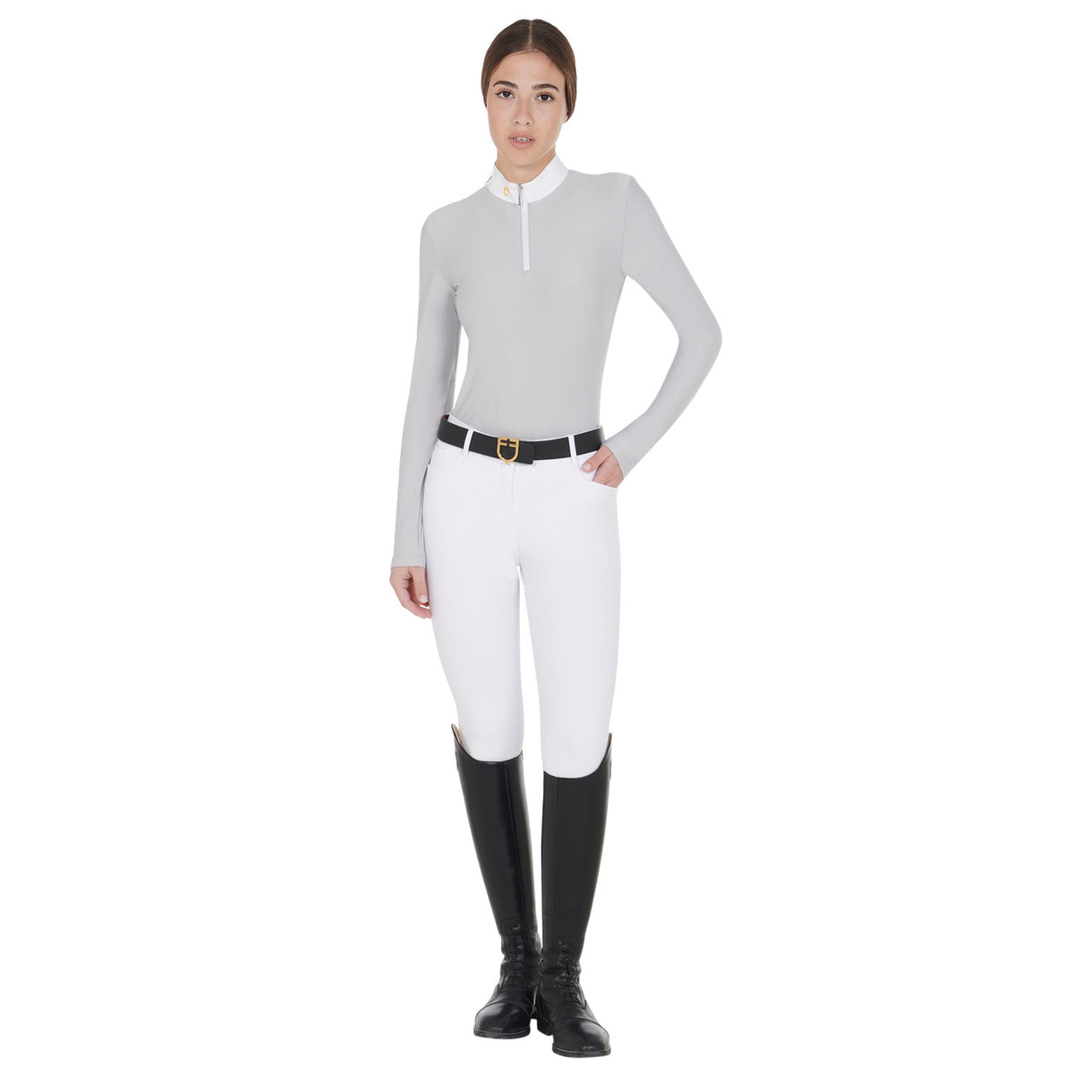 Equestro Women's long sleeved polo shirt in technical fleece fabric