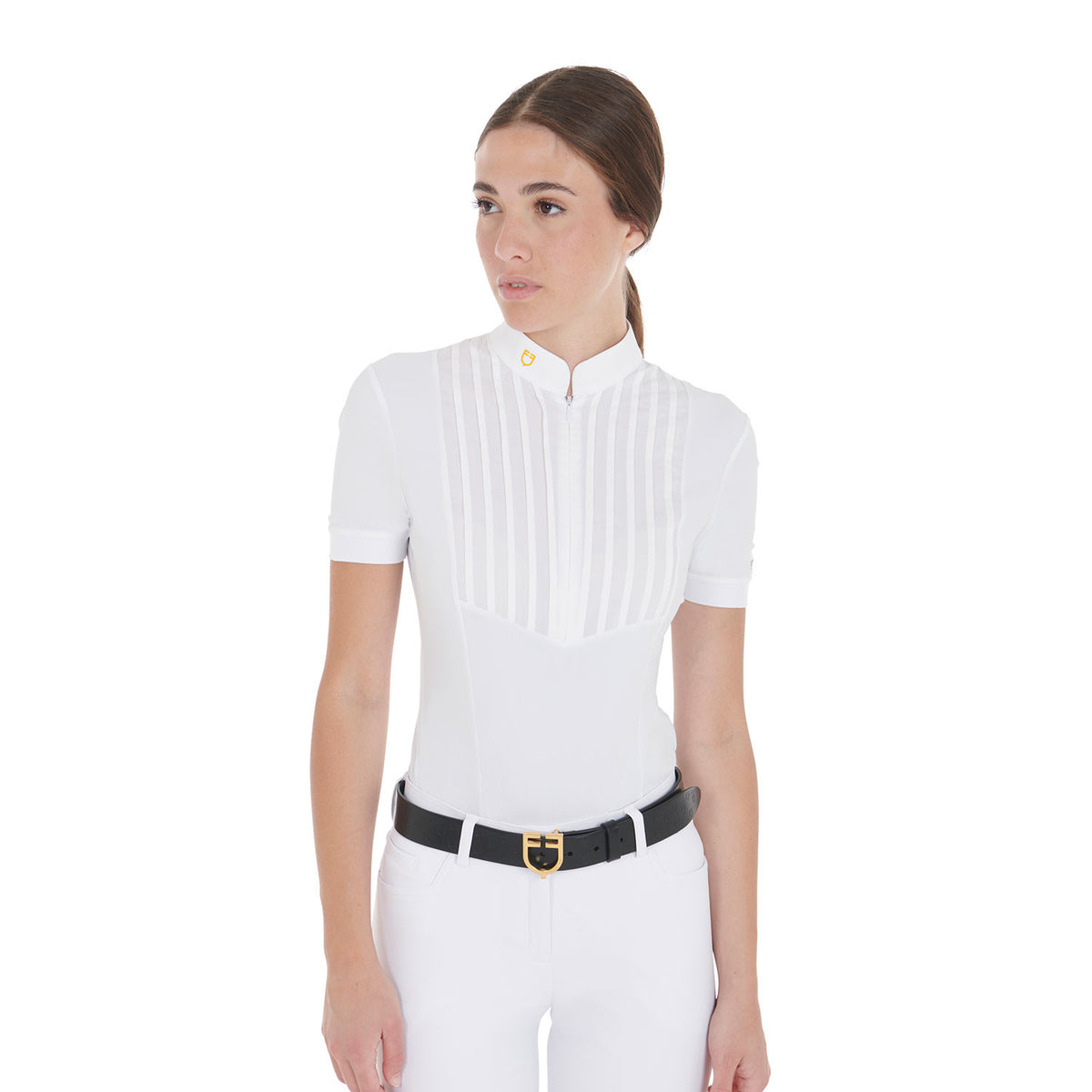 Equestro Women's slim fit pleated cotton polo shirt