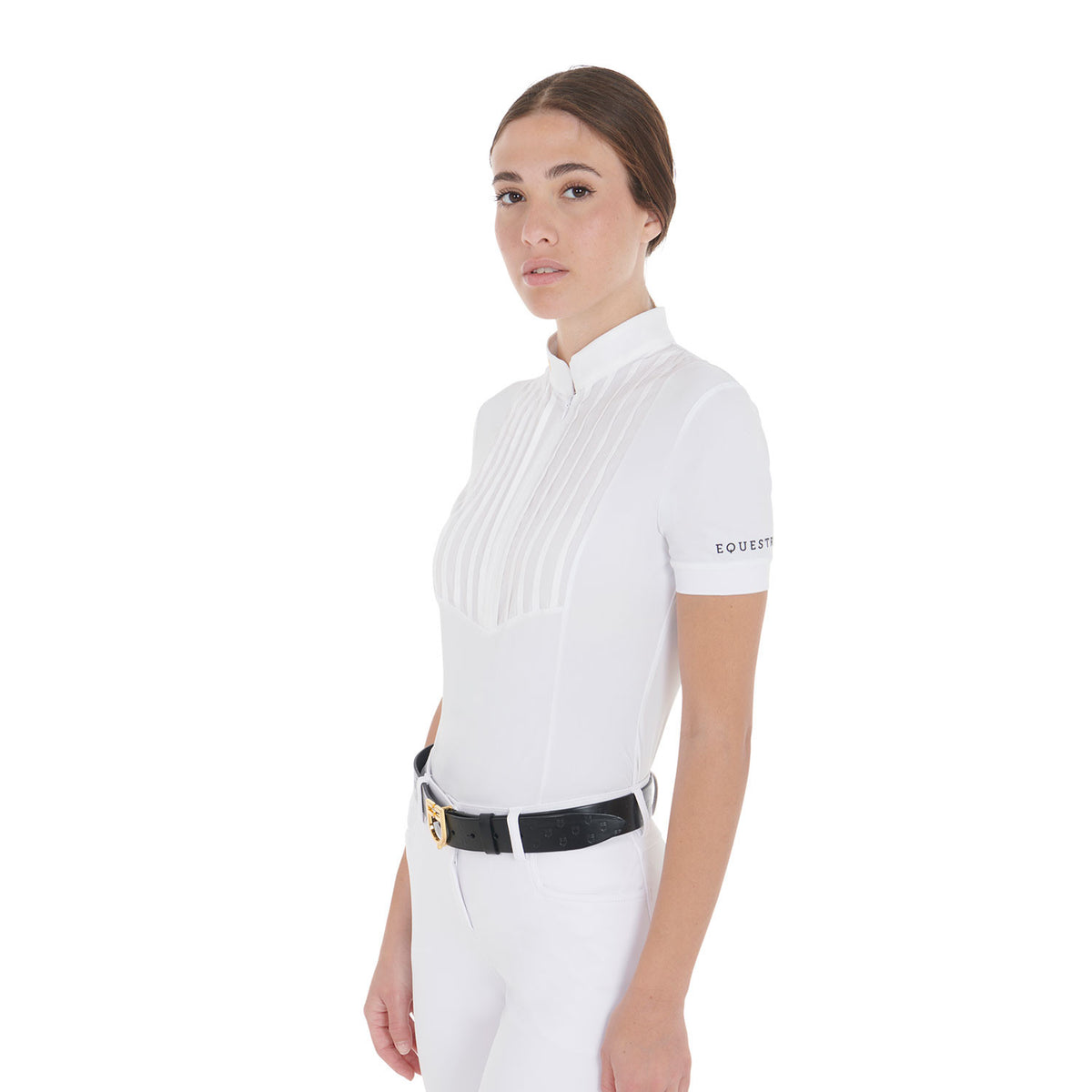 Equestro Women's slim fit pleated cotton polo shirt