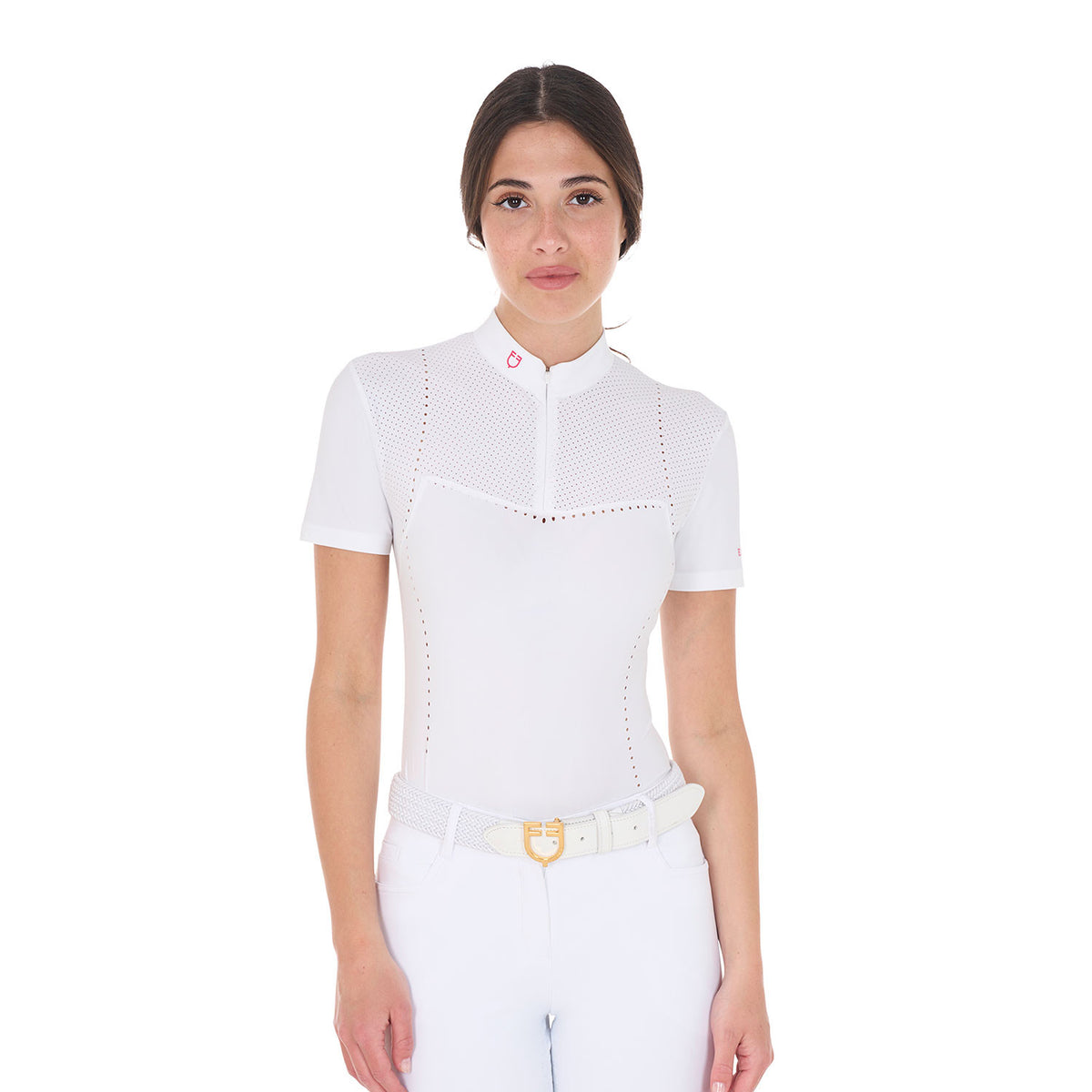 Equestro Women's slim fit zipped competition polo shirt in perforated fabric