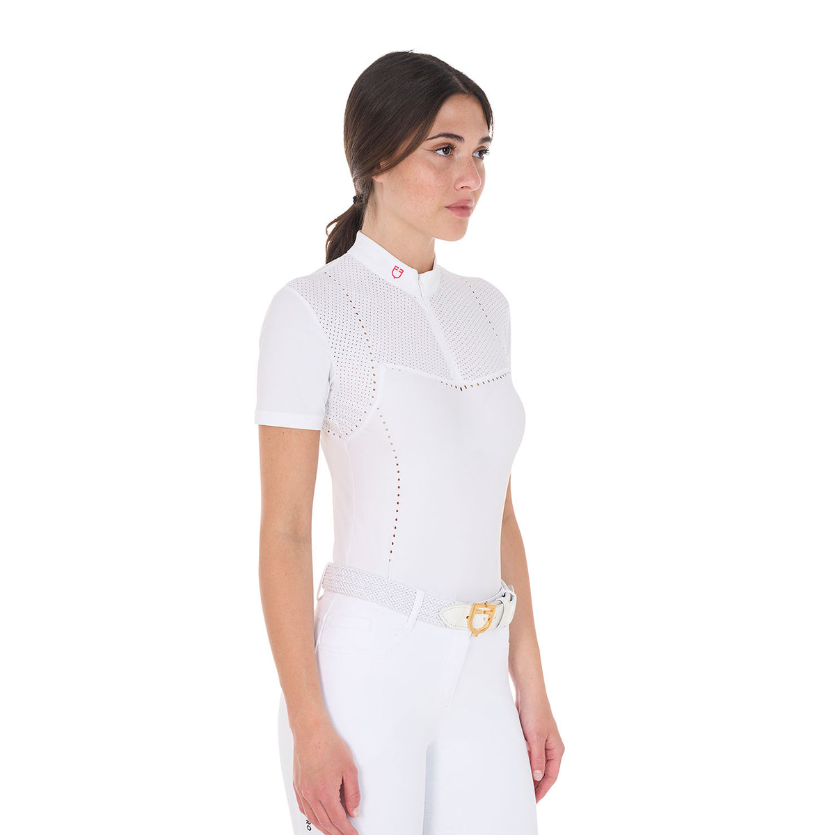 Equestro Women's slim fit zipped competition polo shirt in perforated fabric