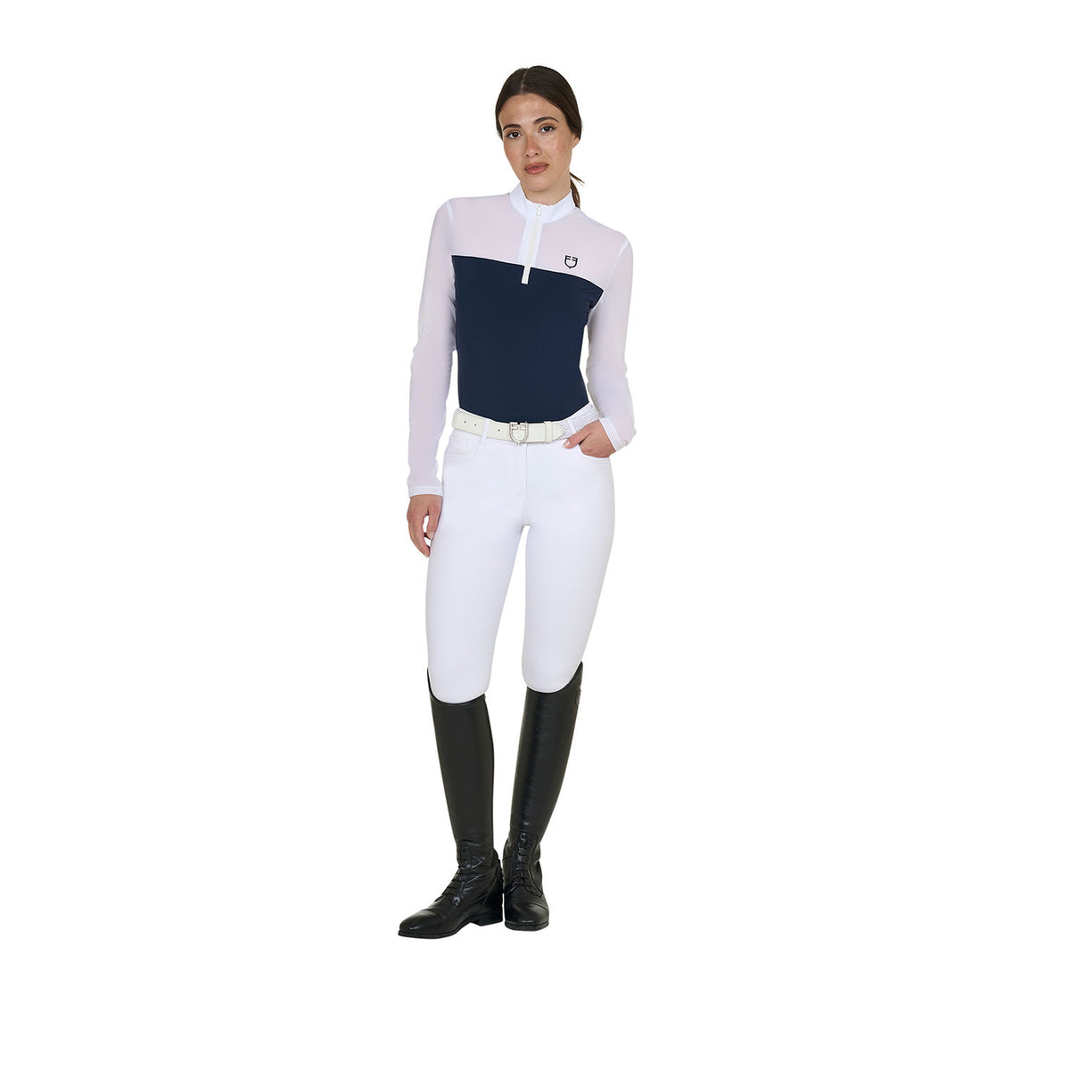 Equestro Women's long-sleeved competition polo shirt with micro-mesh inserts