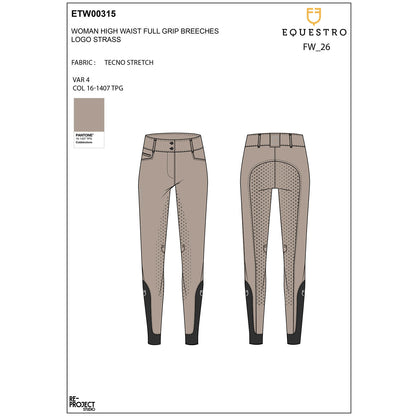 Equestro Women's high-waisted full-grip breeches with rhinestone logo