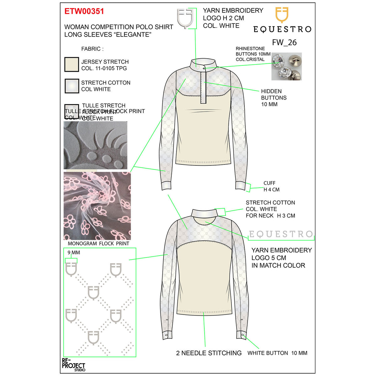 Equestro Women's long-sleeved competition polo shirt with tulle inserts