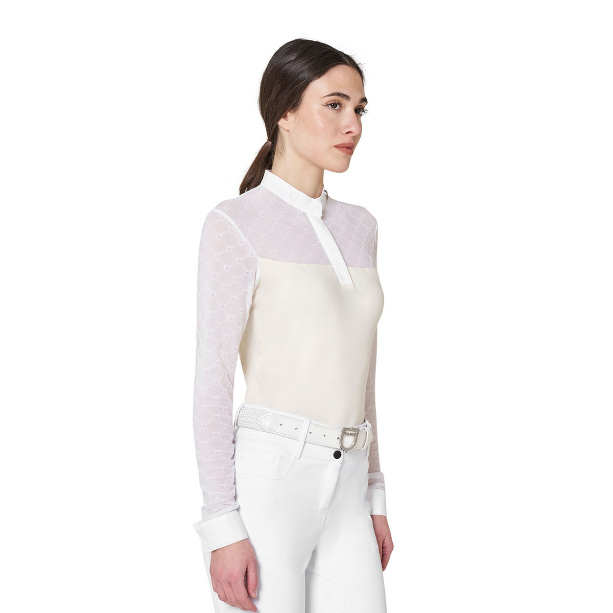 Equestro Women's long-sleeved competition polo shirt with tulle inserts