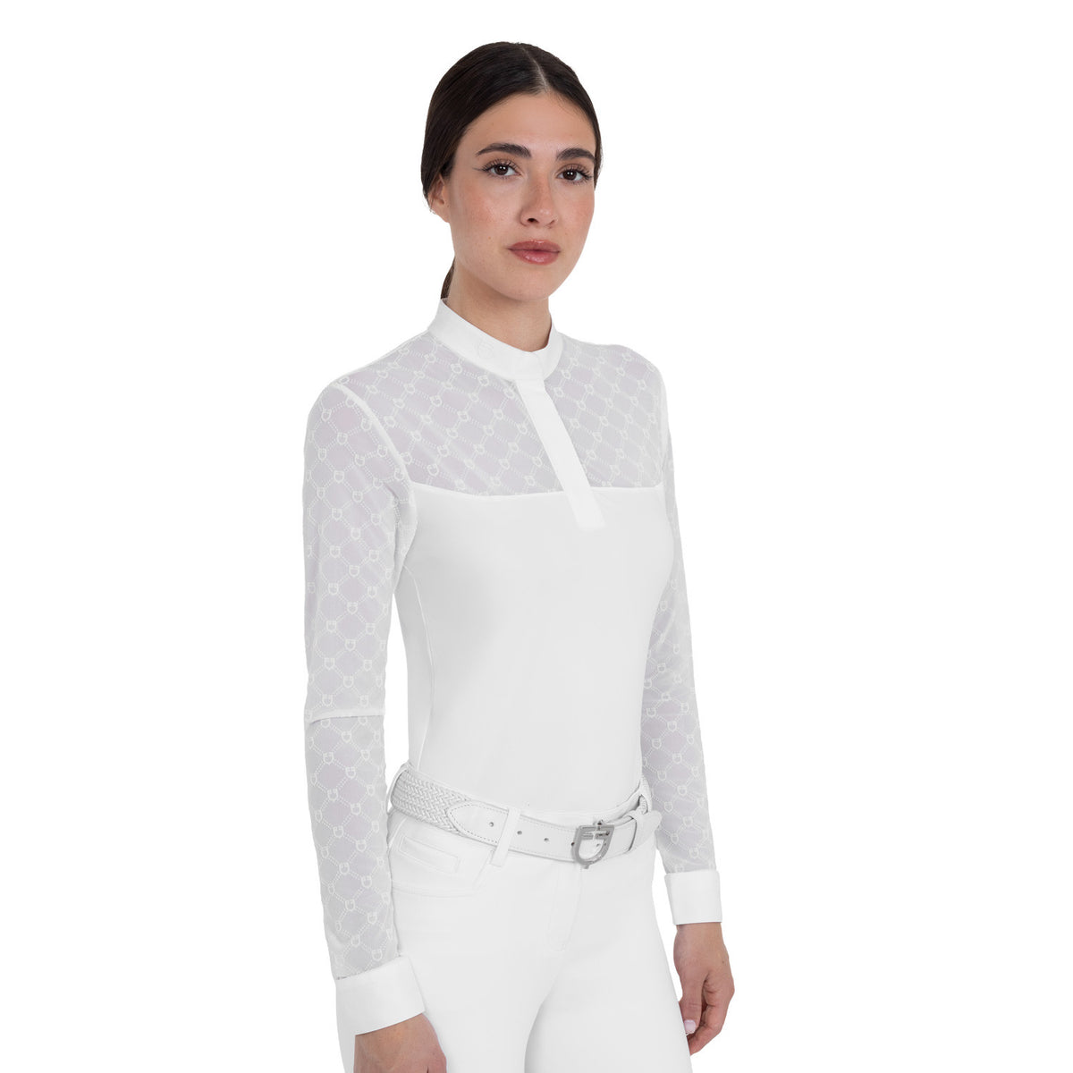 Equestro Women's long-sleeved competition polo shirt with tulle inserts
