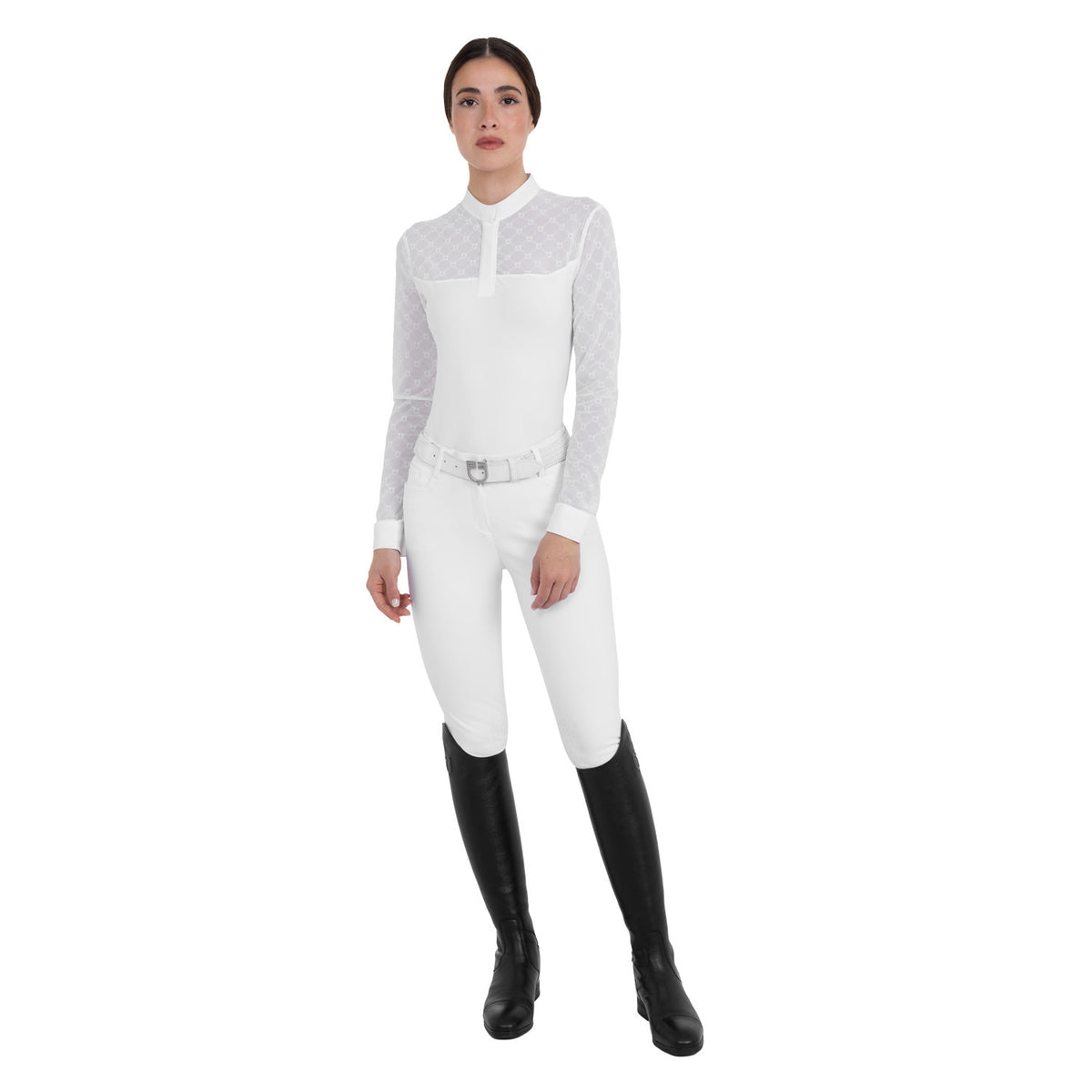 Equestro Women's long-sleeved competition polo shirt with tulle inserts