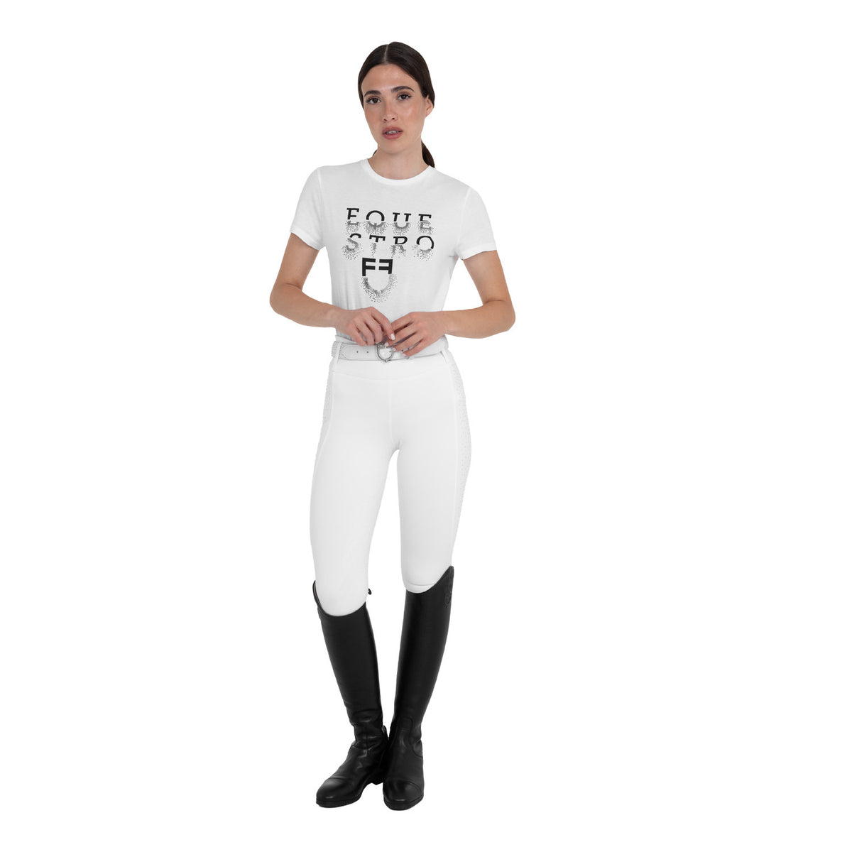 Equestro Women's high-waisted leggings with belt loops and rhinestones