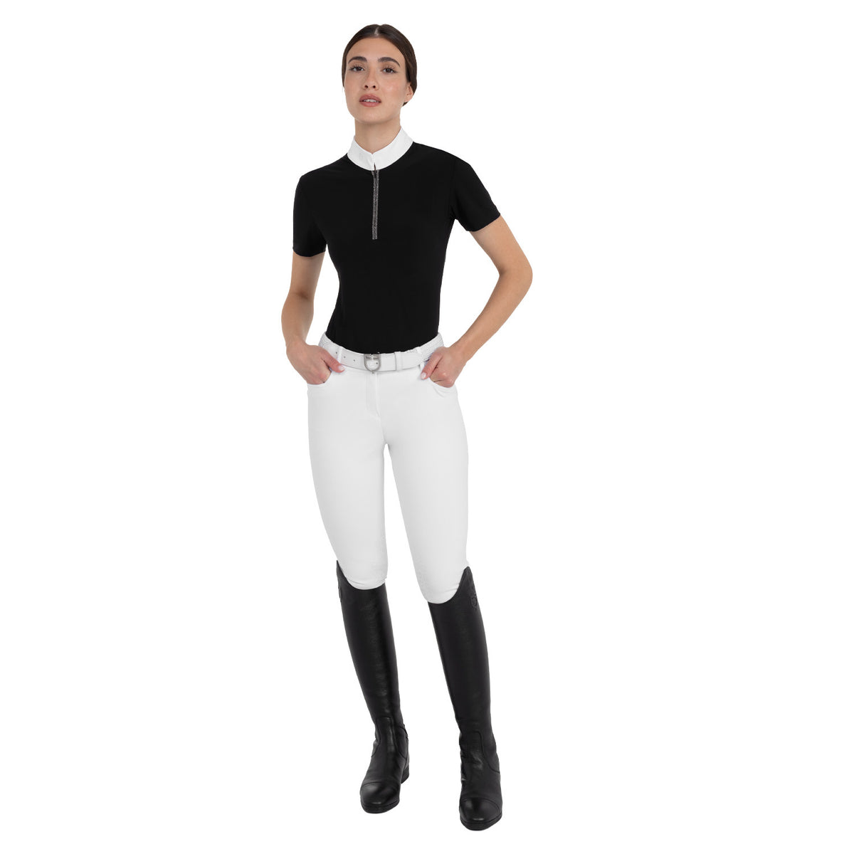 Equestro Women's short-sleeved competition polo shirt with rhinestones