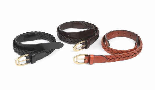 Aubrion Plaited Leather Skinny Belt - Black - 100Cm